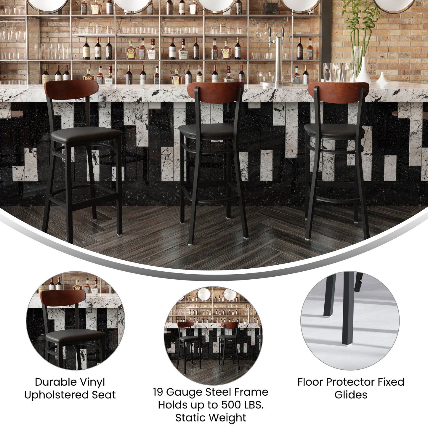 Wright Commercial Barstool with 500 LB. Capacity Black Steel Frame, Walnut Finish Wooden Boomerang Back, and Black Vinyl Seat Walnut Wood Back/Black Vinyl Seat