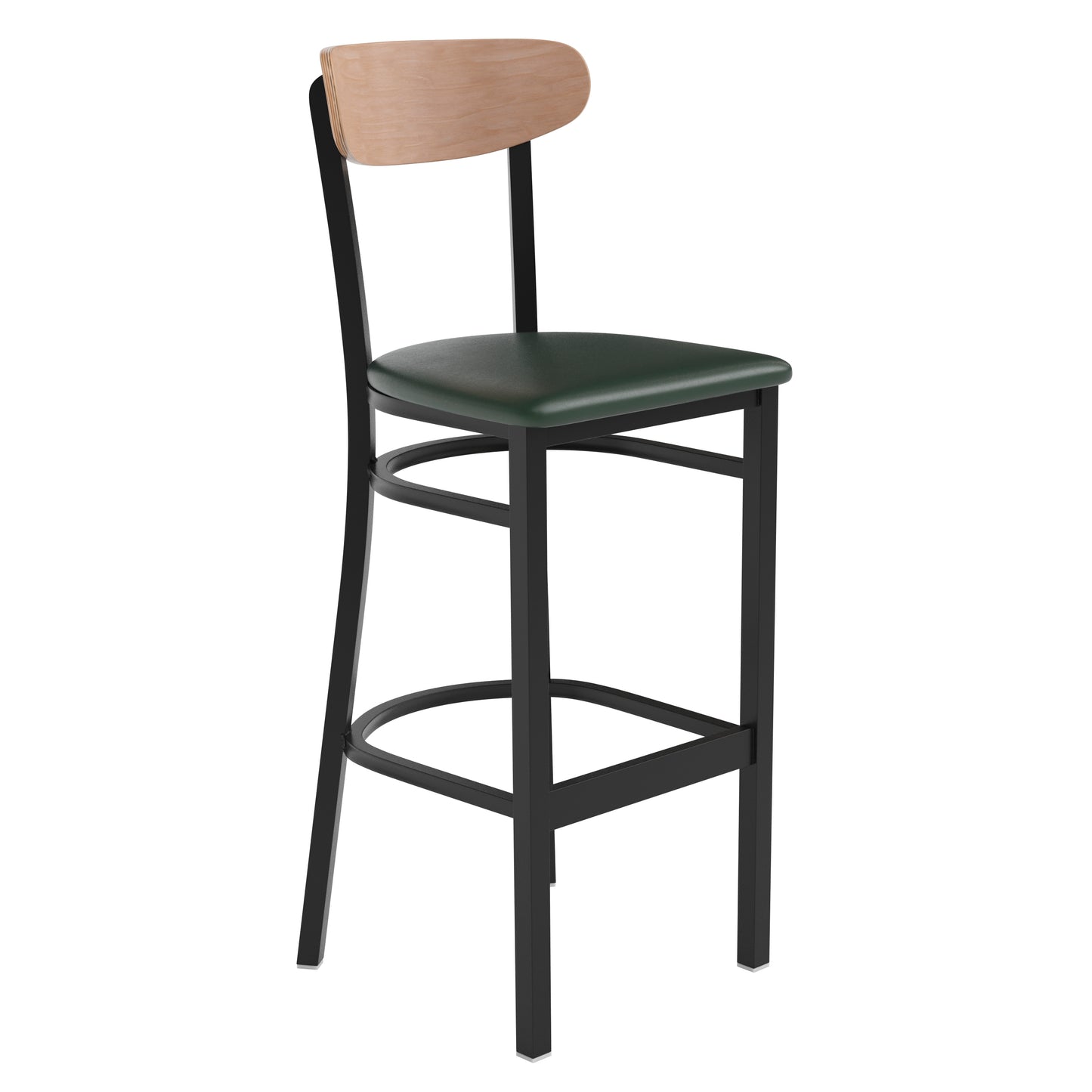 Wright Commercial Barstool with 500 LB. Capacity Black Steel Frame, Natural Birch Finish Wooden Boomerang Back, and Green Vinyl Seat Natural Birch Wood Back/Green Vinyl Seat