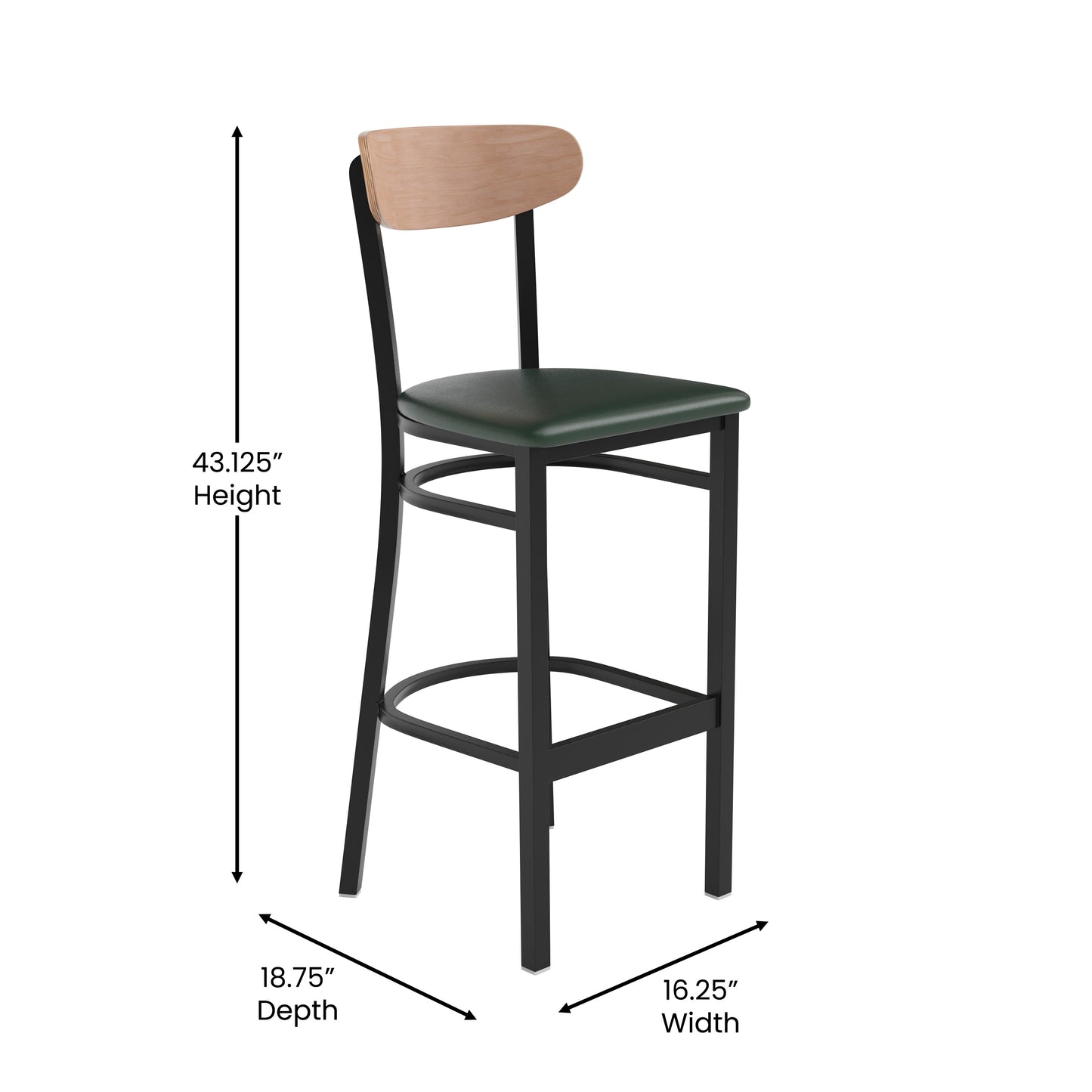 Wright Commercial Barstool with 500 LB. Capacity Black Steel Frame, Natural Birch Finish Wooden Boomerang Back, and Green Vinyl Seat Natural Birch Wood Back/Green Vinyl Seat
