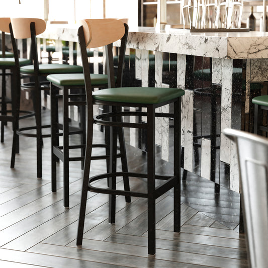 Wright Commercial Barstool with 500 LB. Capacity Black Steel Frame, Natural Birch Finish Wooden Boomerang Back, and Green Vinyl Seat Natural Birch Wood Back/Green Vinyl Seat XU-DG6V6GNV-NAT-GG