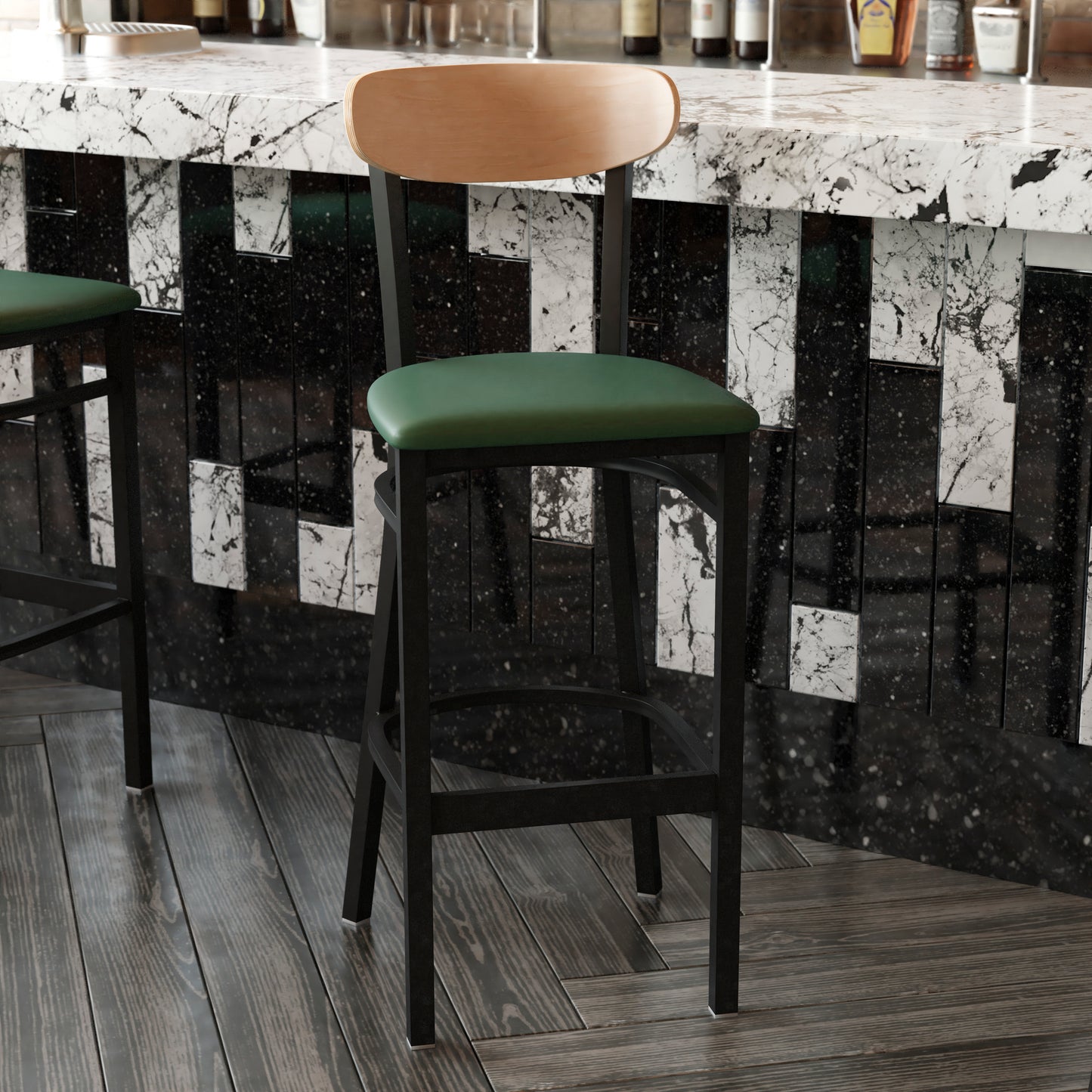 Wright Commercial Barstool with 500 LB. Capacity Black Steel Frame, Natural Birch Finish Wooden Boomerang Back, and Green Vinyl Seat Natural Birch Wood Back/Green Vinyl Seat