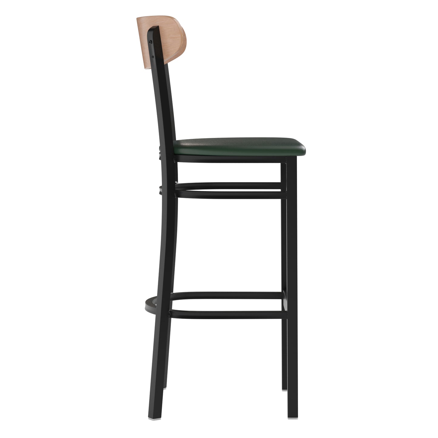 Wright Commercial Barstool with 500 LB. Capacity Black Steel Frame, Natural Birch Finish Wooden Boomerang Back, and Green Vinyl Seat Natural Birch Wood Back/Green Vinyl Seat