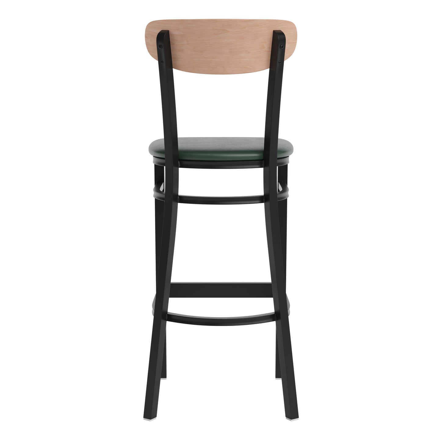 Wright Commercial Barstool with 500 LB. Capacity Black Steel Frame, Natural Birch Finish Wooden Boomerang Back, and Green Vinyl Seat Natural Birch Wood Back/Green Vinyl Seat