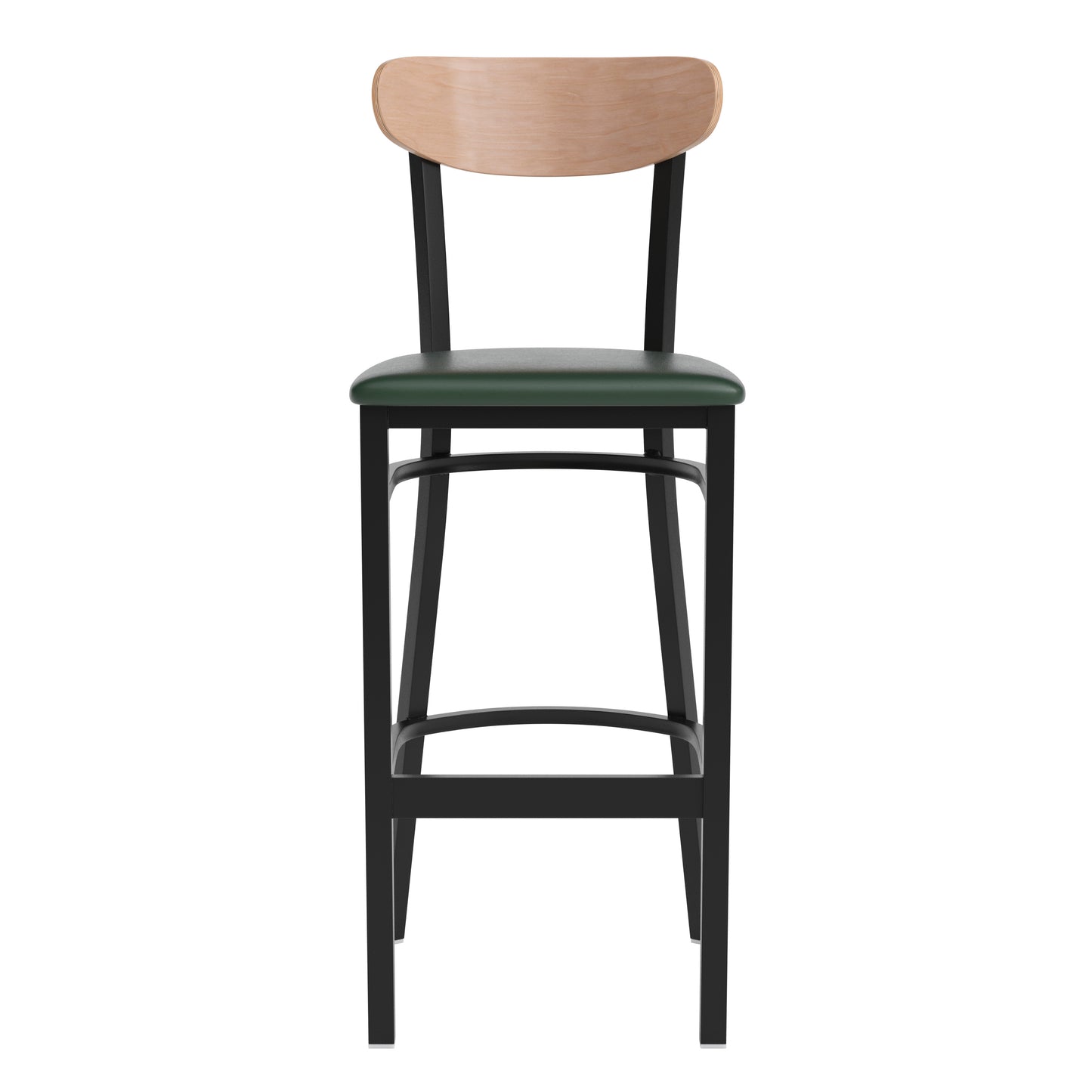 Wright Commercial Barstool with 500 LB. Capacity Black Steel Frame, Natural Birch Finish Wooden Boomerang Back, and Green Vinyl Seat Natural Birch Wood Back/Green Vinyl Seat