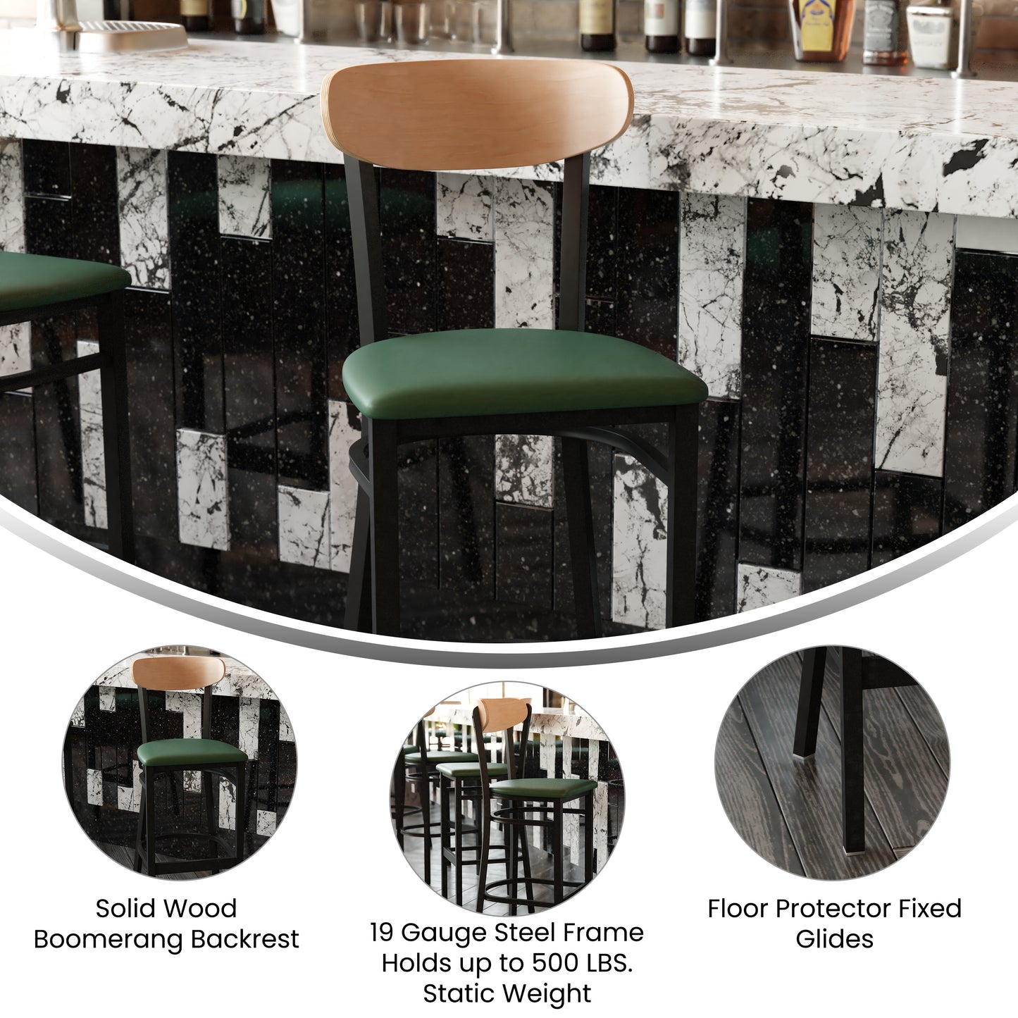 Wright Commercial Barstool with 500 LB. Capacity Black Steel Frame, Natural Birch Finish Wooden Boomerang Back, and Green Vinyl Seat Natural Birch Wood Back/Green Vinyl Seat