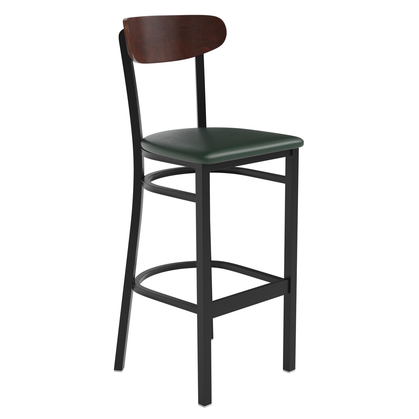 Wright Commercial Barstool with 500 LB. Capacity Black Steel Frame, Walnut Finish Wooden Boomerang Back, and Green Vinyl Seat Walnut Wood Back/Green Vinyl Seat
