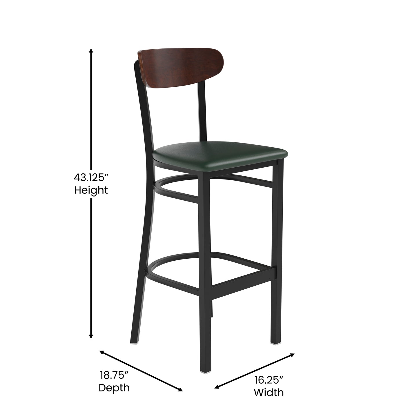 Wright Commercial Barstool with 500 LB. Capacity Black Steel Frame, Walnut Finish Wooden Boomerang Back, and Green Vinyl Seat Walnut Wood Back/Green Vinyl Seat