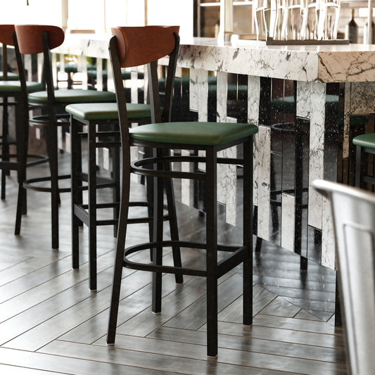 Wright Commercial Barstool with 500 LB. Capacity Black Steel Frame, Walnut Finish Wooden Boomerang Back, and Green Vinyl Seat Walnut Wood Back/Green Vinyl Seat XU-DG6V6GNV-WAL-GG