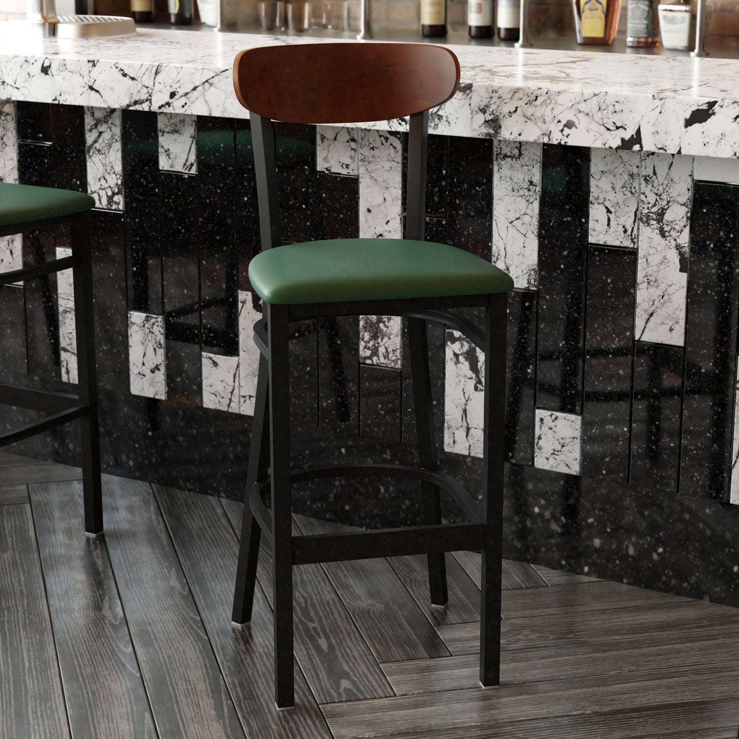 Wright Commercial Barstool with 500 LB. Capacity Black Steel Frame, Walnut Finish Wooden Boomerang Back, and Green Vinyl Seat Walnut Wood Back/Green Vinyl Seat