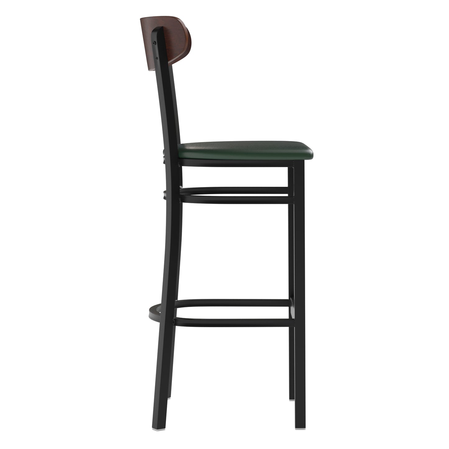 Wright Commercial Barstool with 500 LB. Capacity Black Steel Frame, Walnut Finish Wooden Boomerang Back, and Green Vinyl Seat Walnut Wood Back/Green Vinyl Seat