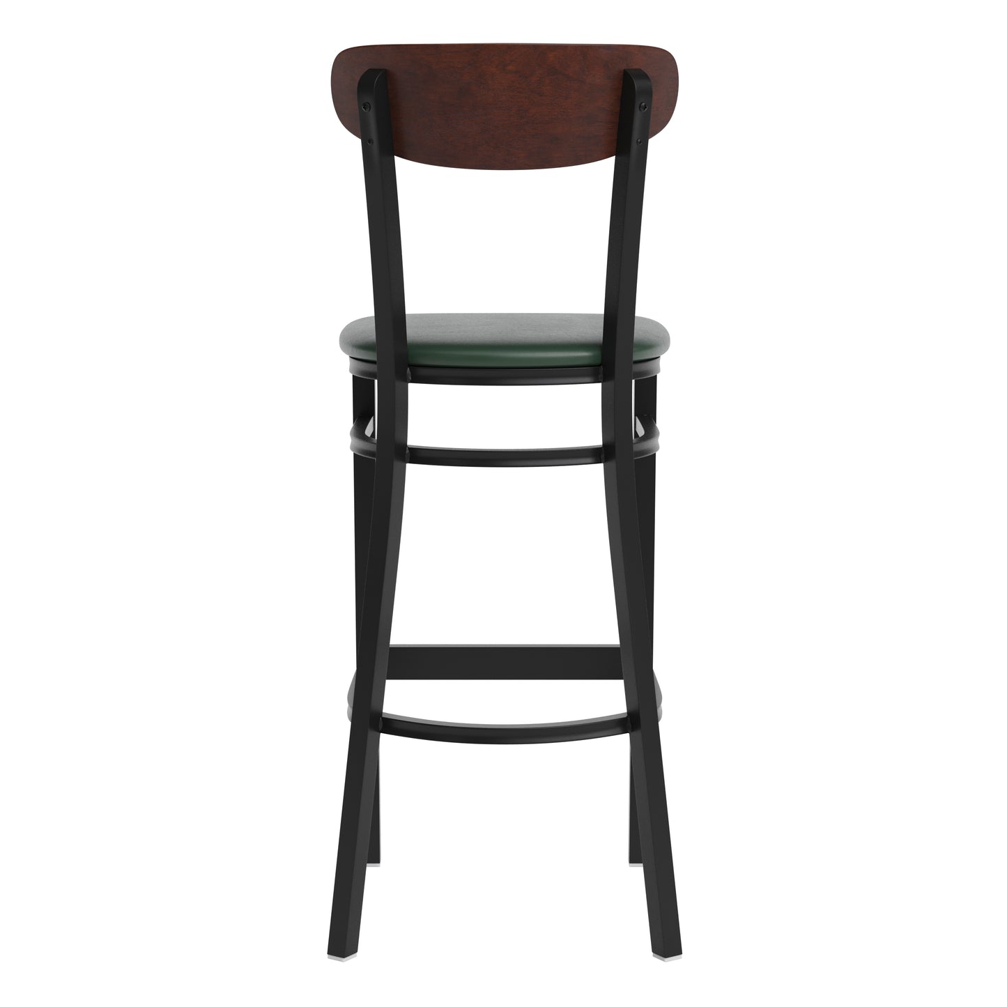 Wright Commercial Barstool with 500 LB. Capacity Black Steel Frame, Walnut Finish Wooden Boomerang Back, and Green Vinyl Seat Walnut Wood Back/Green Vinyl Seat