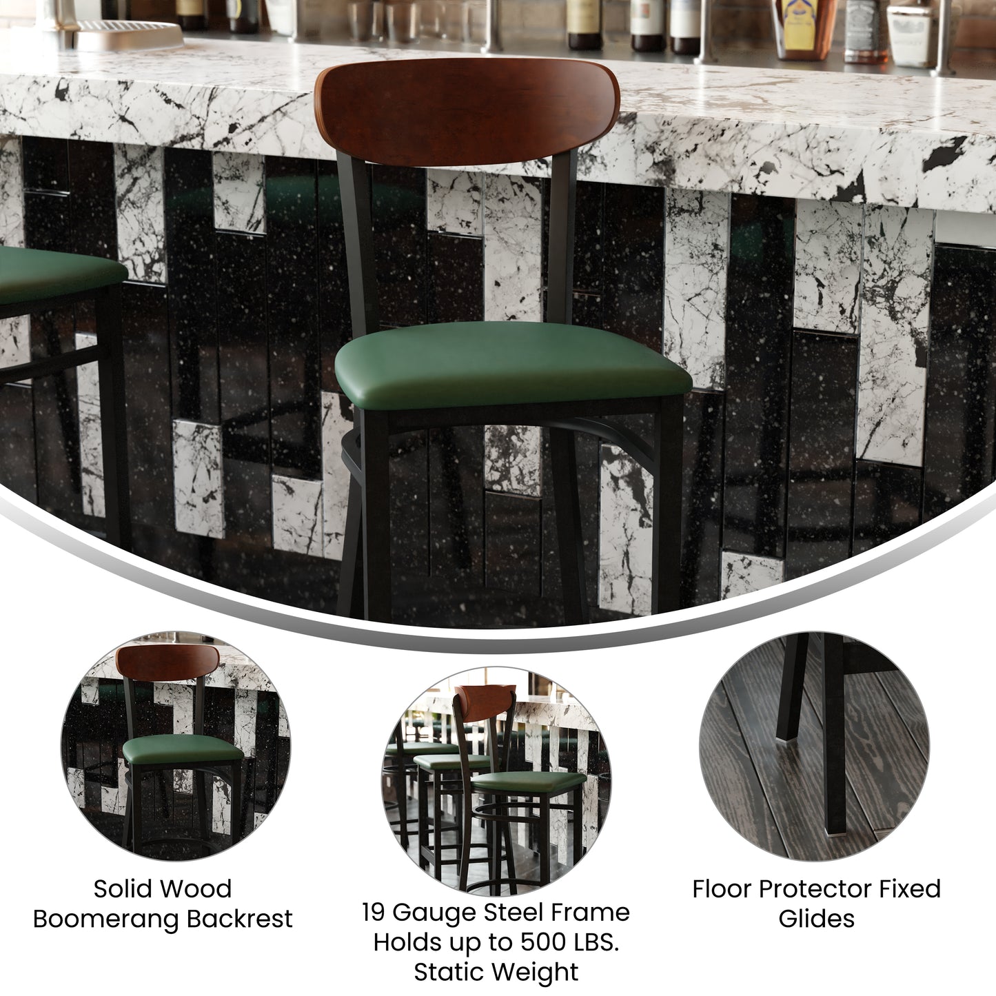 Wright Commercial Barstool with 500 LB. Capacity Black Steel Frame, Walnut Finish Wooden Boomerang Back, and Green Vinyl Seat Walnut Wood Back/Green Vinyl Seat