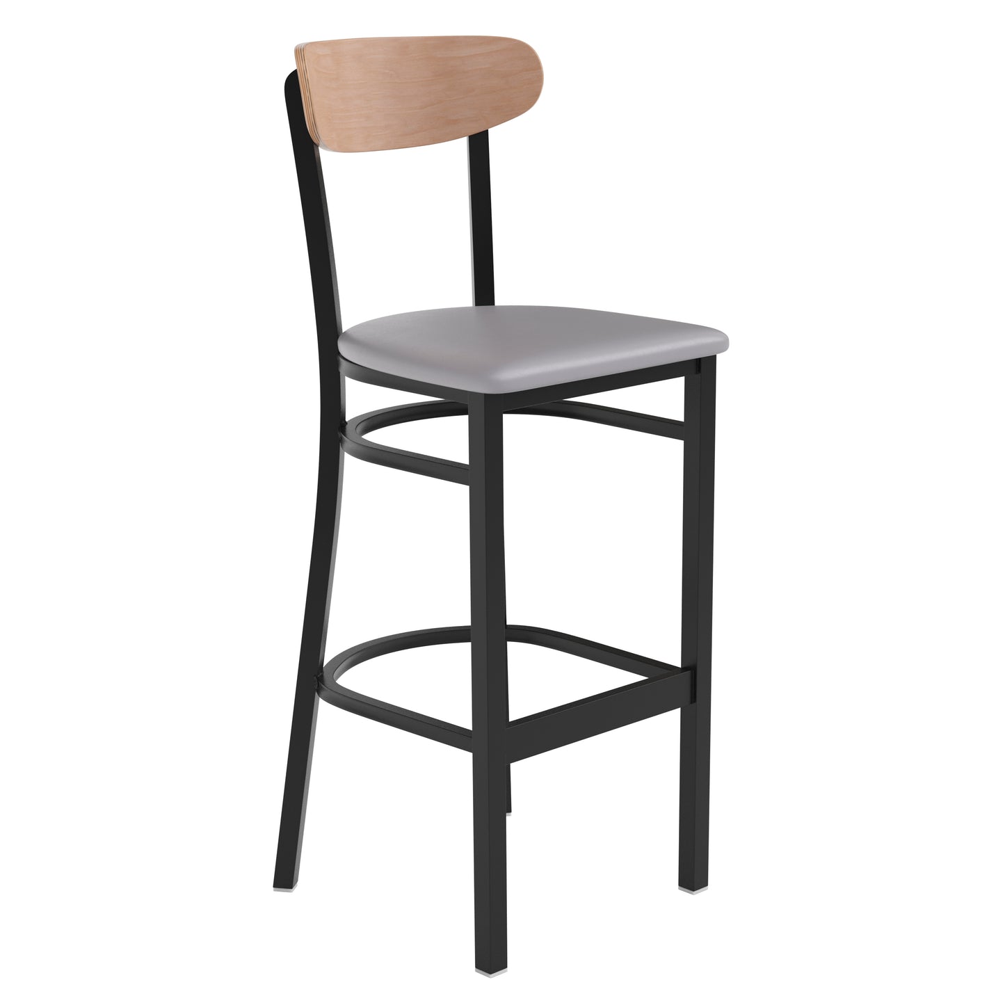 Wright Commercial Barstool with 500 LB. Capacity Black Steel Frame, Natural Birch Finish Wooden Boomerang Back, and Gray Vinyl Seat Natural Birch Wood Back/Gray Vinyl Seat