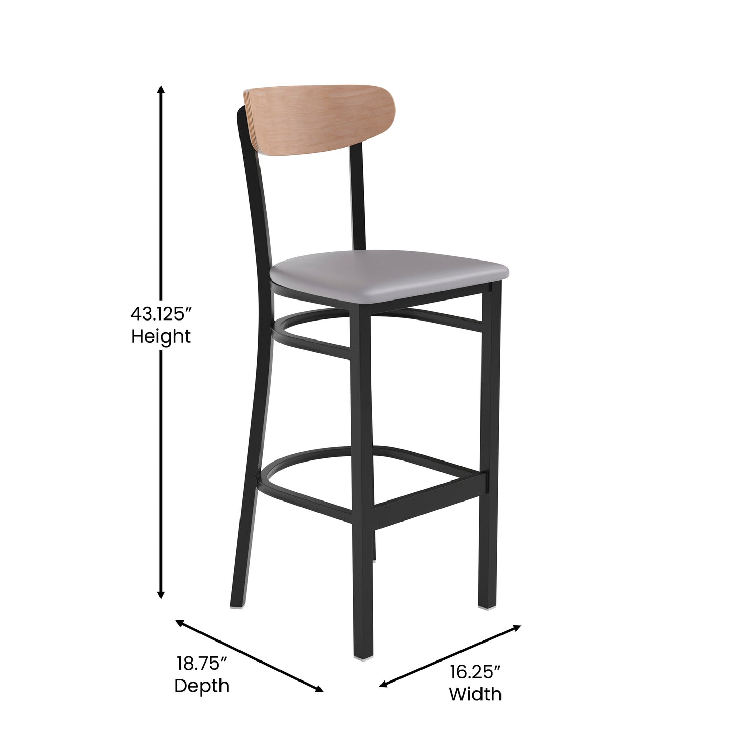 Wright Commercial Barstool with 500 LB. Capacity Black Steel Frame, Natural Birch Finish Wooden Boomerang Back, and Gray Vinyl Seat Natural Birch Wood Back/Gray Vinyl Seat
