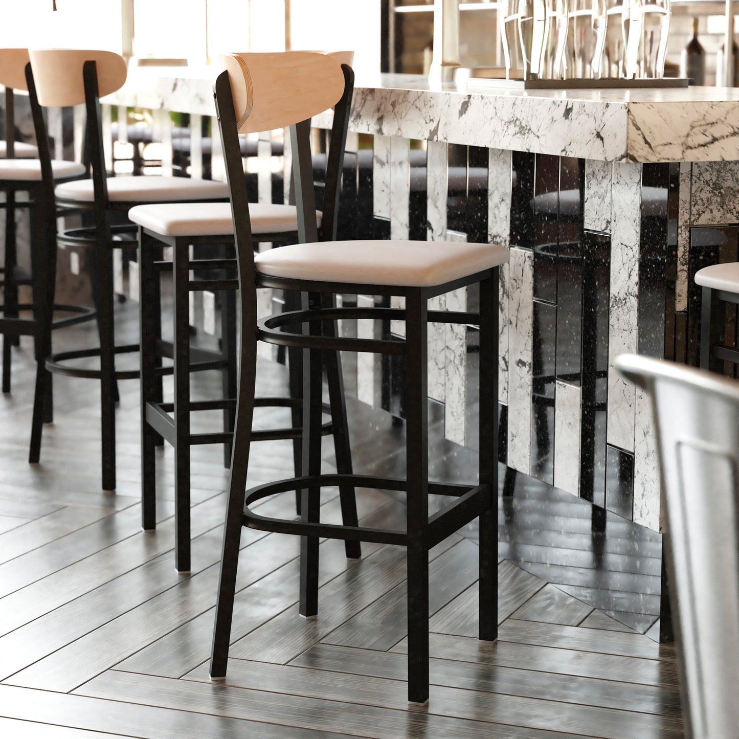 Wright Commercial Barstool with 500 LB. Capacity Black Steel Frame, Natural Birch Finish Wooden Boomerang Back, and Gray Vinyl Seat Natural Birch Wood Back/Gray Vinyl Seat