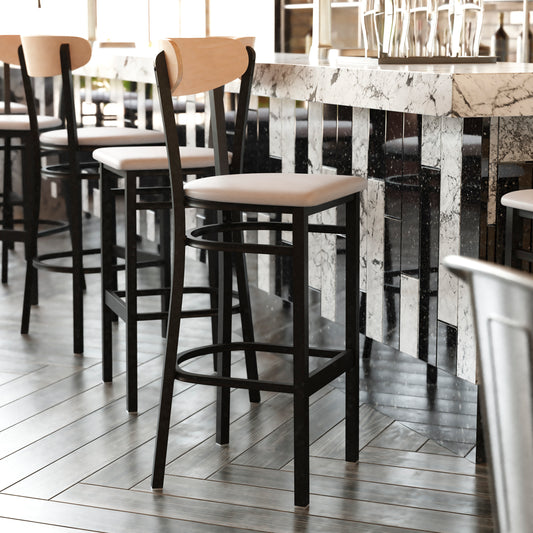 Wright Commercial Barstool with 500 LB. Capacity Black Steel Frame, Natural Birch Finish Wooden Boomerang Back, and Gray Vinyl Seat Natural Birch Wood Back/Gray Vinyl Seat XU-DG6V6GYV-NAT-GG