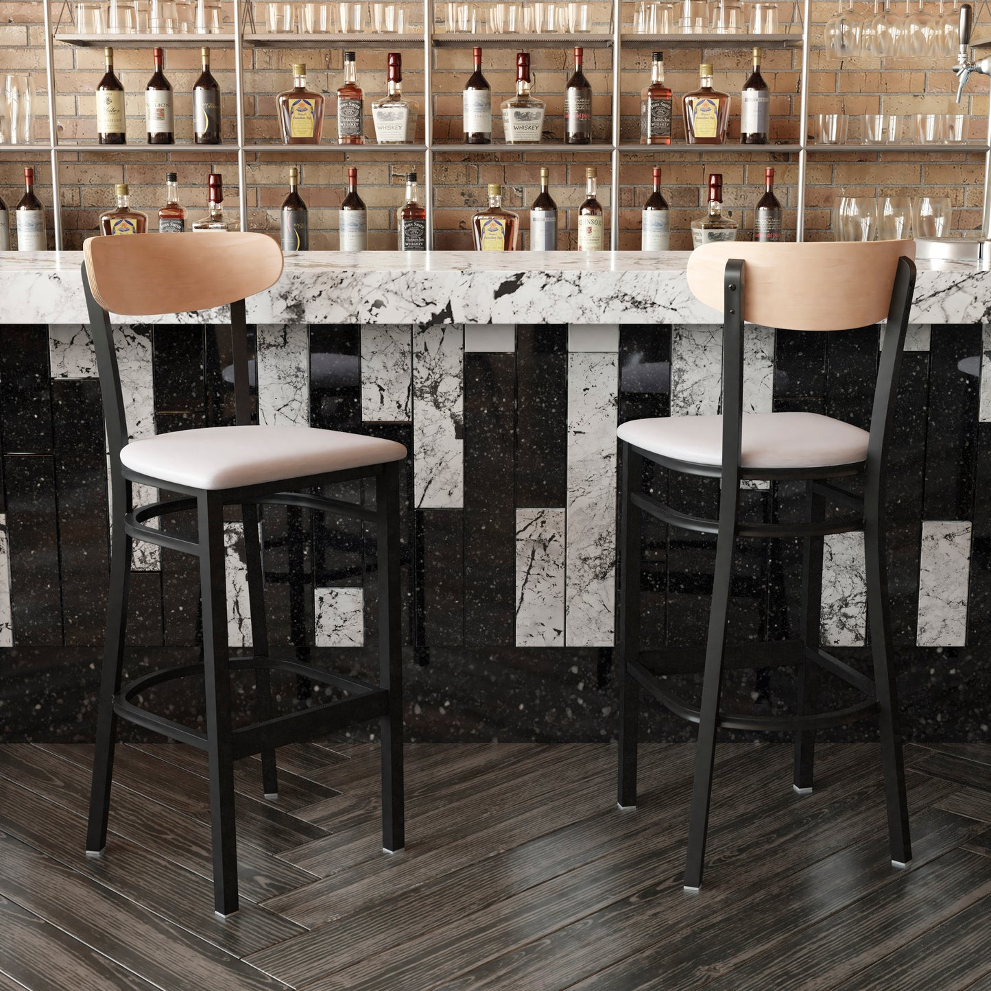Wright Commercial Barstool with 500 LB. Capacity Black Steel Frame, Natural Birch Finish Wooden Boomerang Back, and Gray Vinyl Seat Natural Birch Wood Back/Gray Vinyl Seat