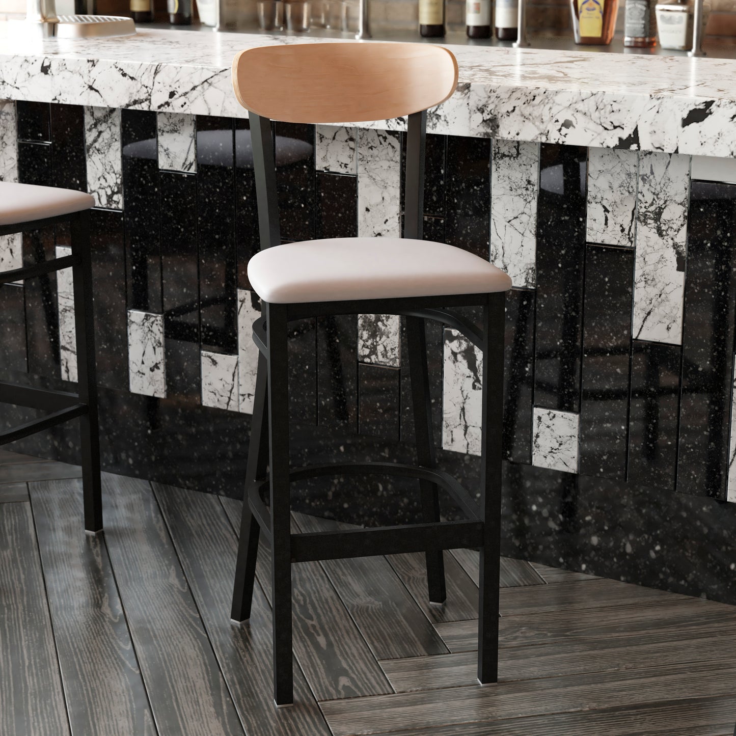 Wright Commercial Barstool with 500 LB. Capacity Black Steel Frame, Natural Birch Finish Wooden Boomerang Back, and Gray Vinyl Seat Natural Birch Wood Back/Gray Vinyl Seat