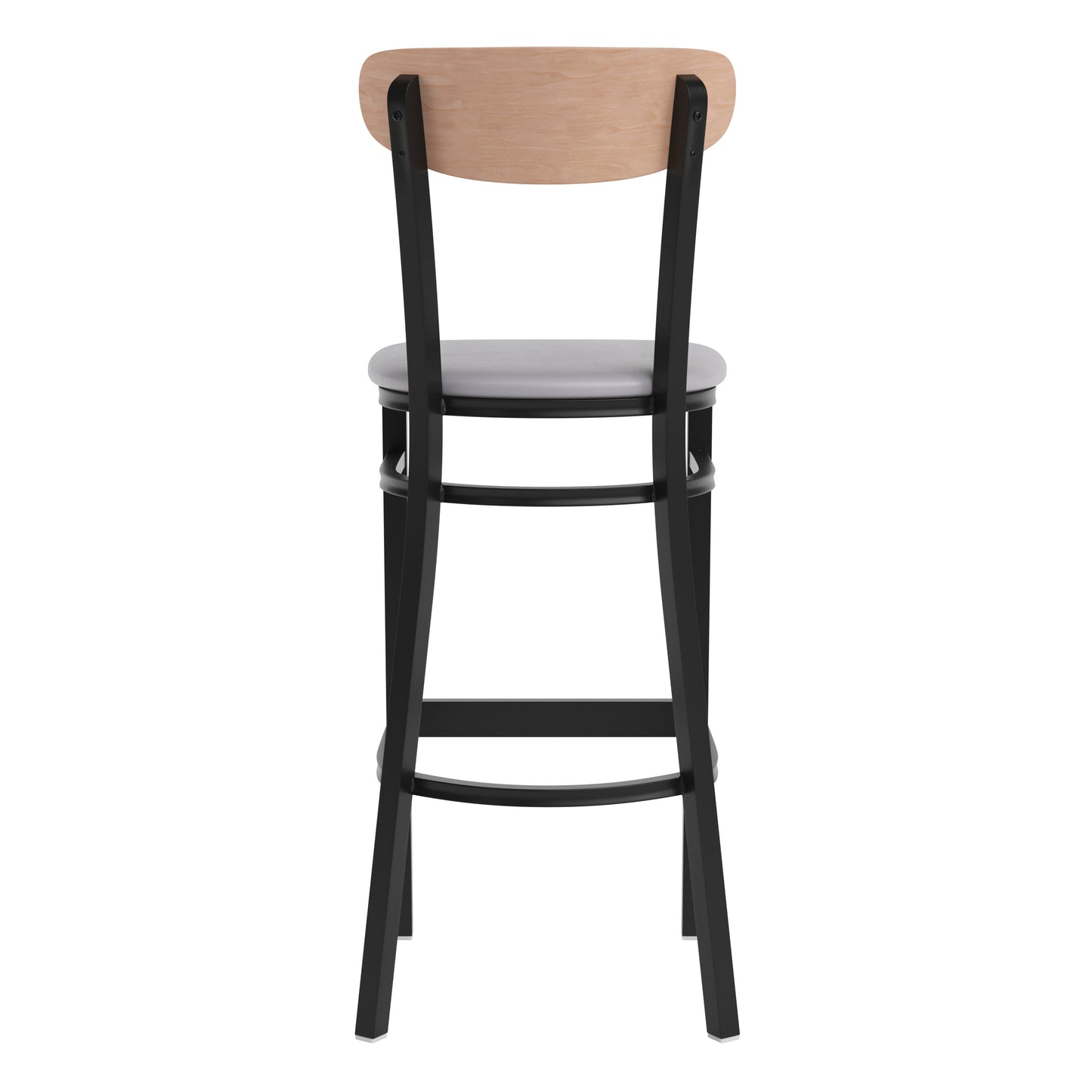 Wright Commercial Barstool with 500 LB. Capacity Black Steel Frame, Natural Birch Finish Wooden Boomerang Back, and Gray Vinyl Seat Natural Birch Wood Back/Gray Vinyl Seat
