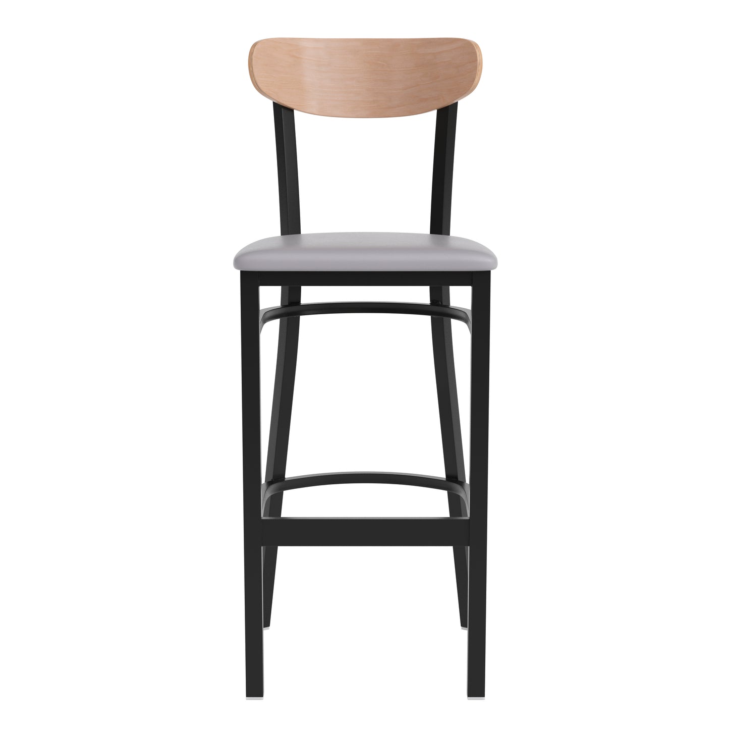 Wright Commercial Barstool with 500 LB. Capacity Black Steel Frame, Natural Birch Finish Wooden Boomerang Back, and Gray Vinyl Seat Natural Birch Wood Back/Gray Vinyl Seat