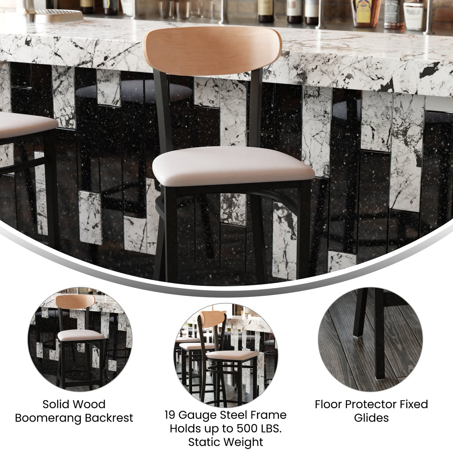 Wright Commercial Barstool with 500 LB. Capacity Black Steel Frame, Natural Birch Finish Wooden Boomerang Back, and Gray Vinyl Seat Natural Birch Wood Back/Gray Vinyl Seat