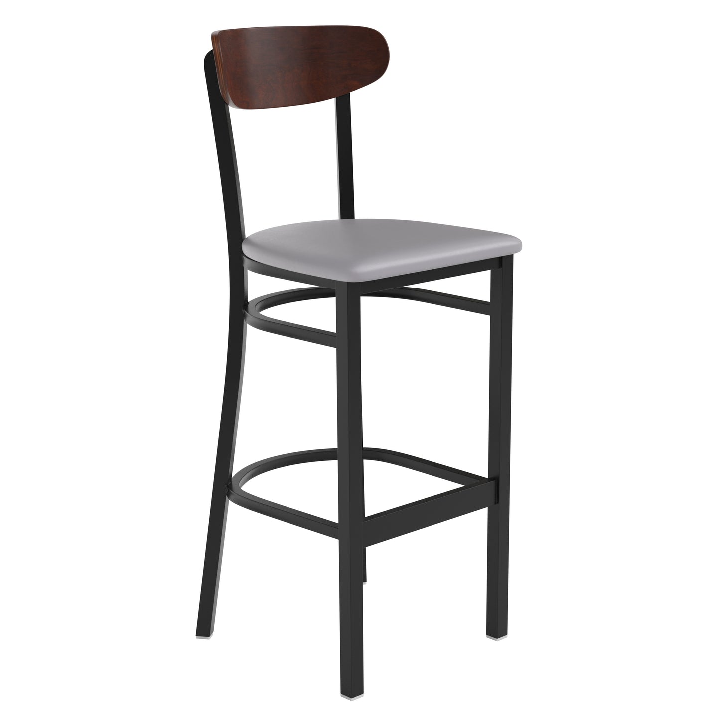 Wright Commercial Barstool with 500 LB. Capacity Black Steel Frame, Walnut Finish Wooden Boomerang Back, and Gray Vinyl Seat Walnut Wood Back/Gray Vinyl Seat