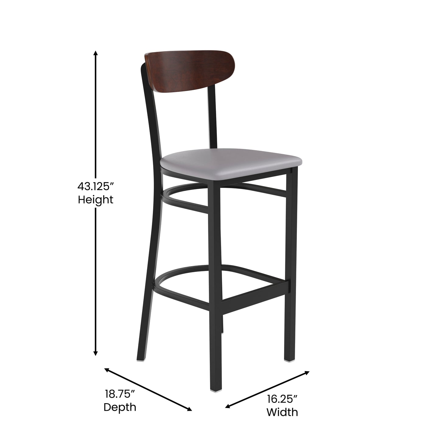 Wright Commercial Barstool with 500 LB. Capacity Black Steel Frame, Walnut Finish Wooden Boomerang Back, and Gray Vinyl Seat Walnut Wood Back/Gray Vinyl Seat