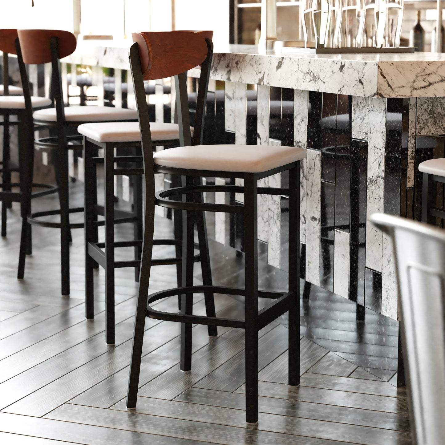 Wright Commercial Barstool with 500 LB. Capacity Black Steel Frame, Walnut Finish Wooden Boomerang Back, and Gray Vinyl Seat Walnut Wood Back/Gray Vinyl Seat