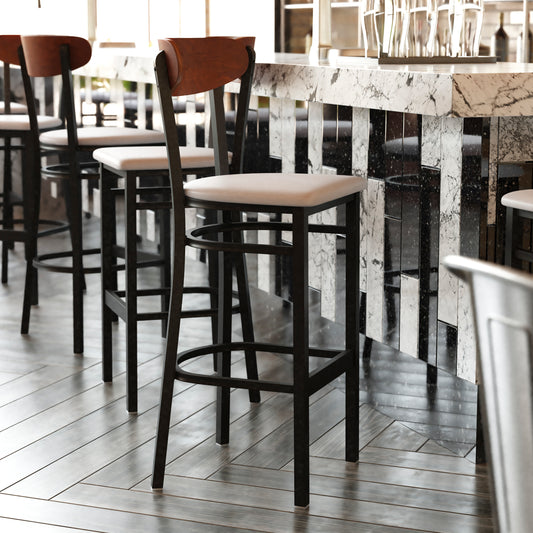 Wright Commercial Barstool with 500 LB. Capacity Black Steel Frame, Walnut Finish Wooden Boomerang Back, and Gray Vinyl Seat Walnut Wood Back/Gray Vinyl Seat XU-DG6V6GYV-WAL-GG