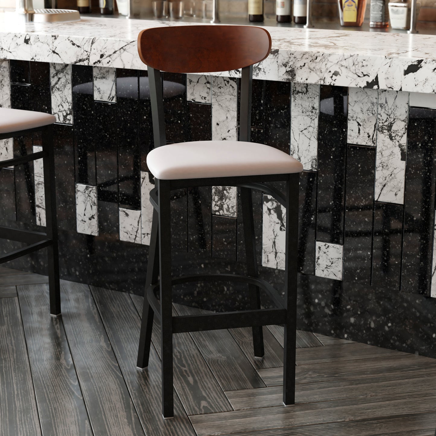 Wright Commercial Barstool with 500 LB. Capacity Black Steel Frame, Walnut Finish Wooden Boomerang Back, and Gray Vinyl Seat Walnut Wood Back/Gray Vinyl Seat