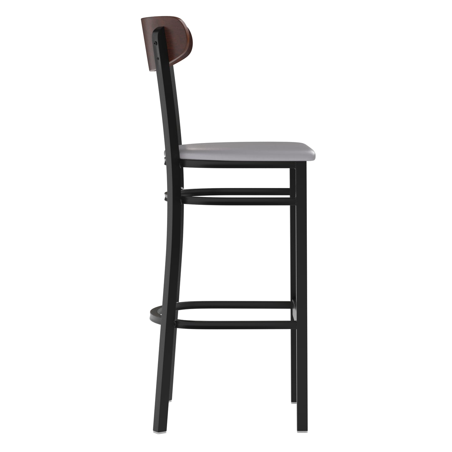 Wright Commercial Barstool with 500 LB. Capacity Black Steel Frame, Walnut Finish Wooden Boomerang Back, and Gray Vinyl Seat Walnut Wood Back/Gray Vinyl Seat