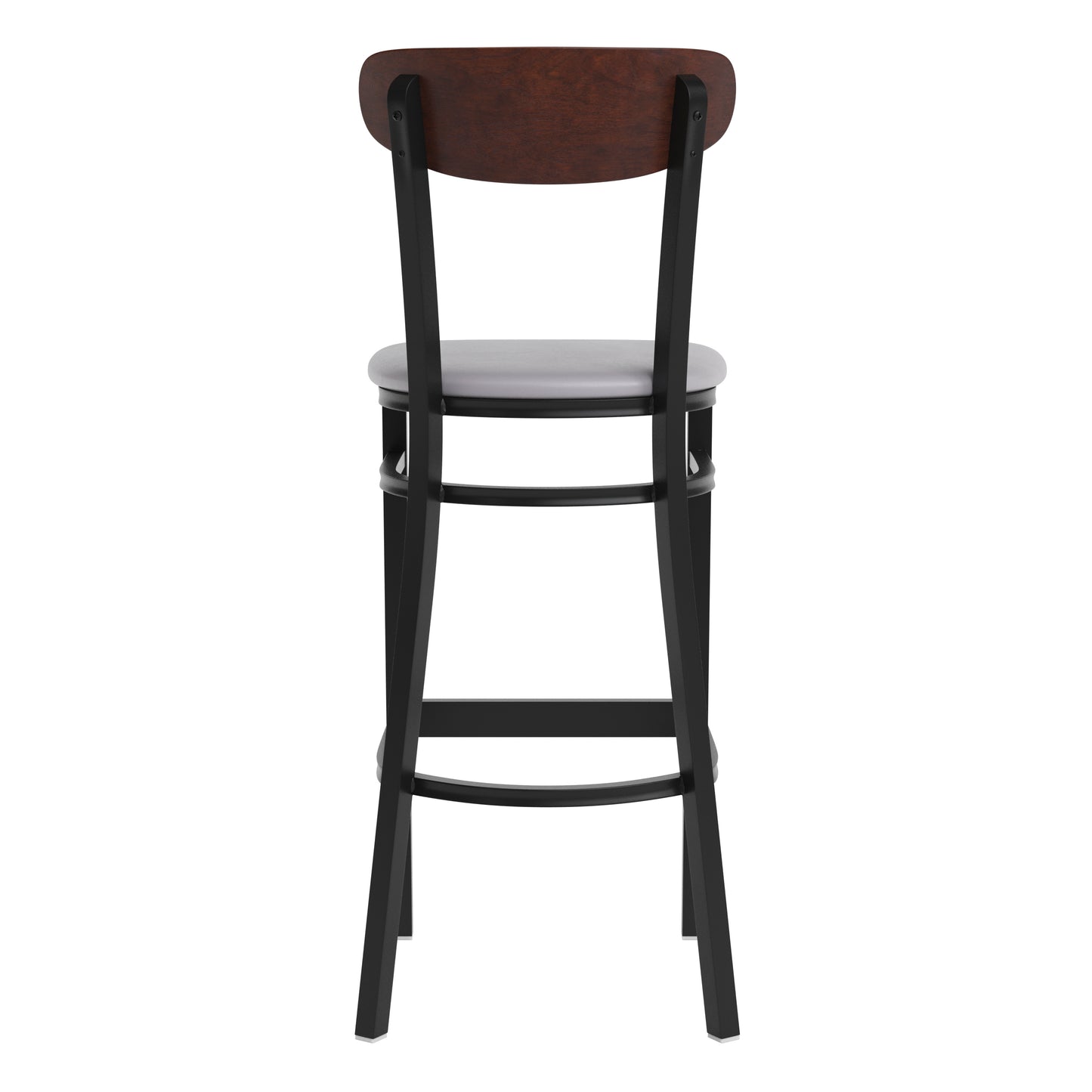 Wright Commercial Barstool with 500 LB. Capacity Black Steel Frame, Walnut Finish Wooden Boomerang Back, and Gray Vinyl Seat Walnut Wood Back/Gray Vinyl Seat