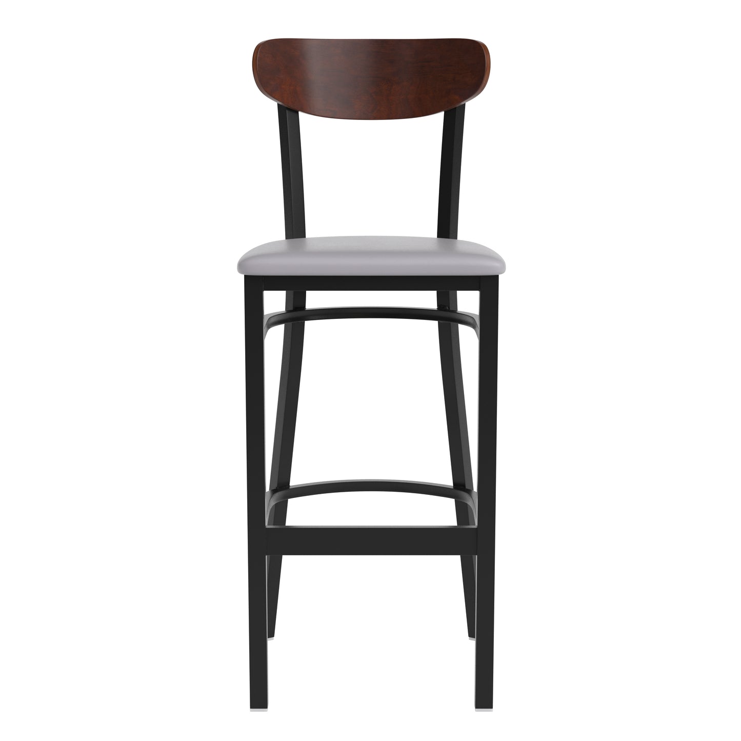 Wright Commercial Barstool with 500 LB. Capacity Black Steel Frame, Walnut Finish Wooden Boomerang Back, and Gray Vinyl Seat Walnut Wood Back/Gray Vinyl Seat