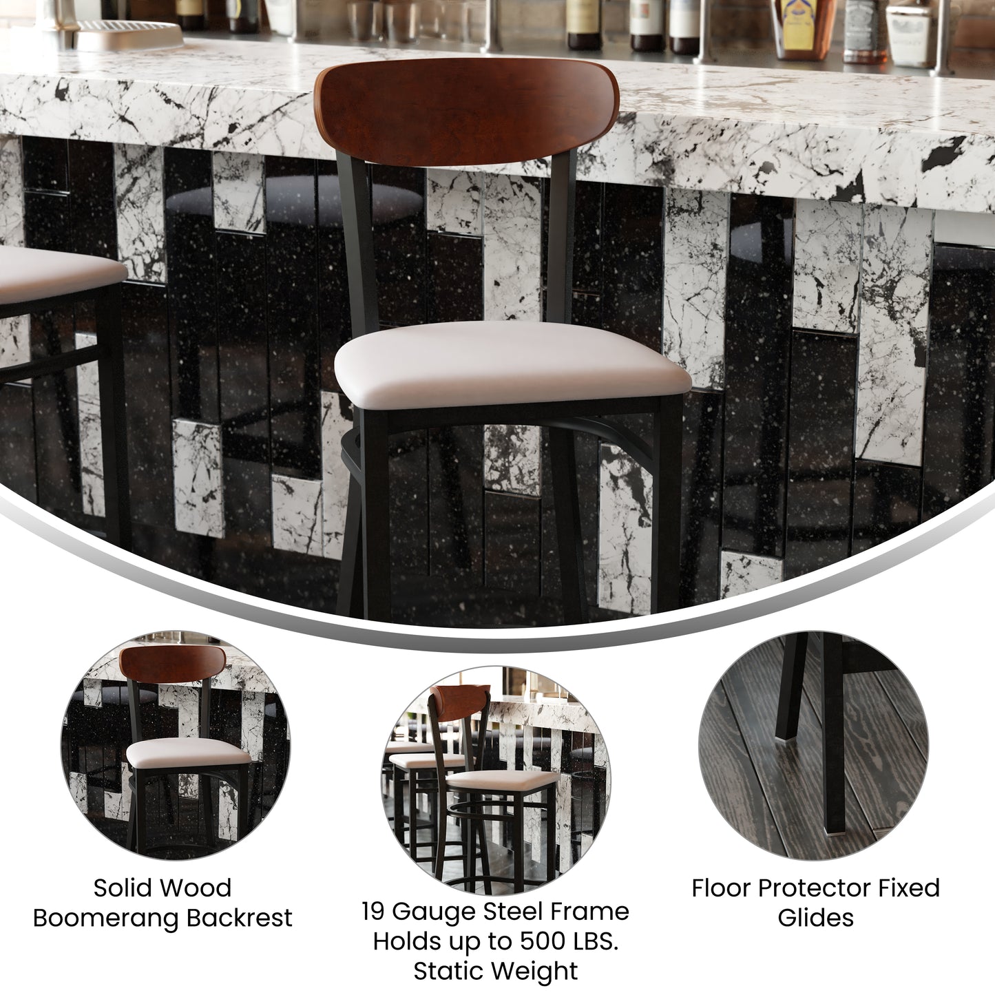 Wright Commercial Barstool with 500 LB. Capacity Black Steel Frame, Walnut Finish Wooden Boomerang Back, and Gray Vinyl Seat Walnut Wood Back/Gray Vinyl Seat