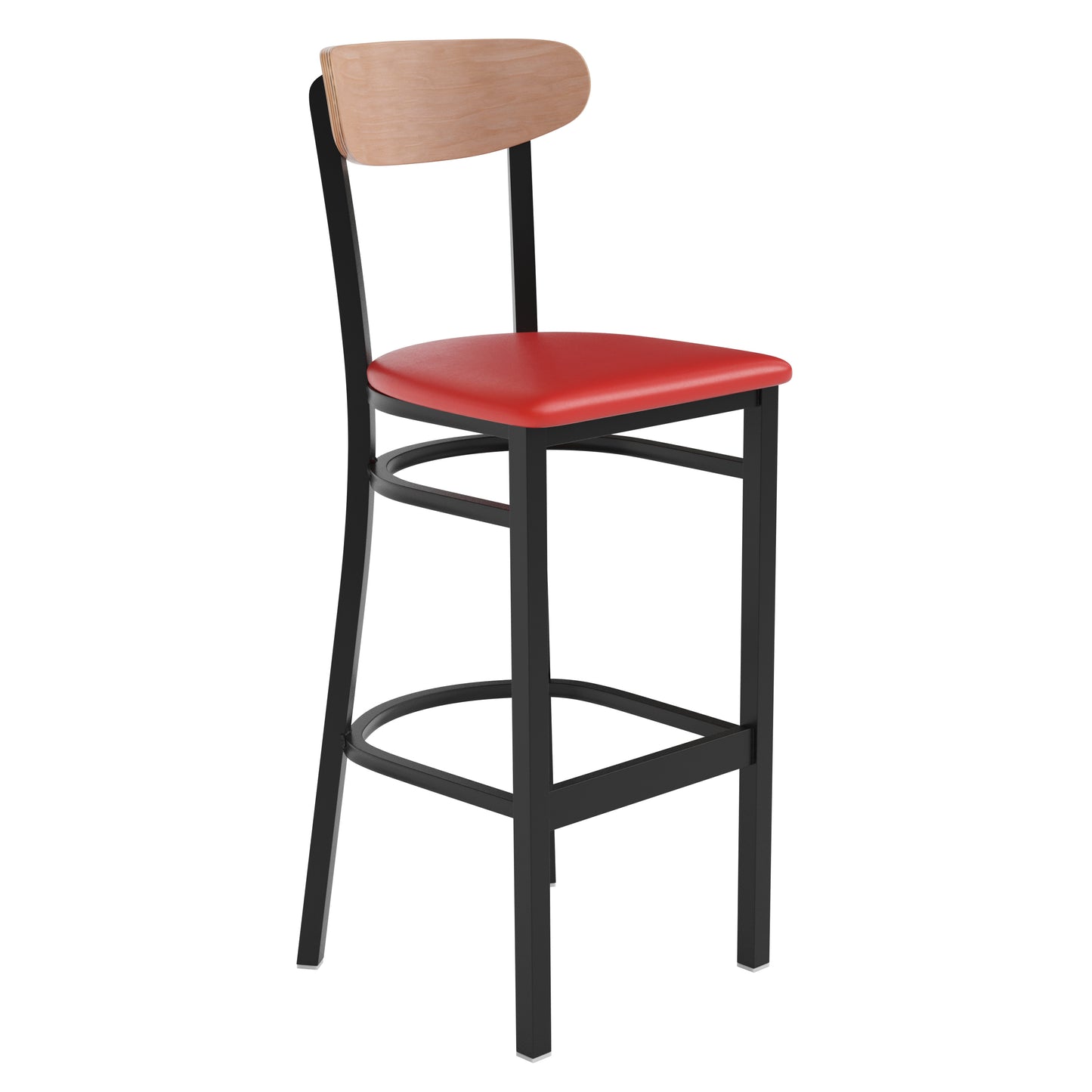 Wright Commercial Barstool with 500 LB. Capacity Black Steel Frame, Natural Birch Finish Wooden Boomerang Back, and Red Vinyl Seat Natural Birch Wood Back/Red Vinyl Seat