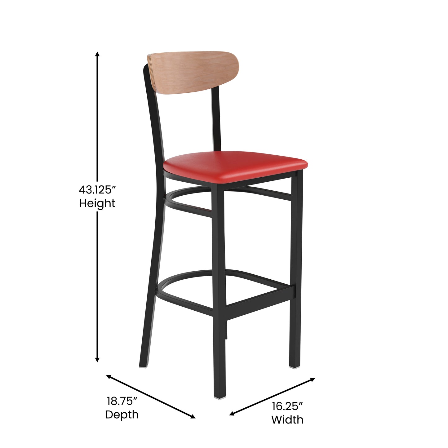 Wright Commercial Barstool with 500 LB. Capacity Black Steel Frame, Natural Birch Finish Wooden Boomerang Back, and Red Vinyl Seat Natural Birch Wood Back/Red Vinyl Seat
