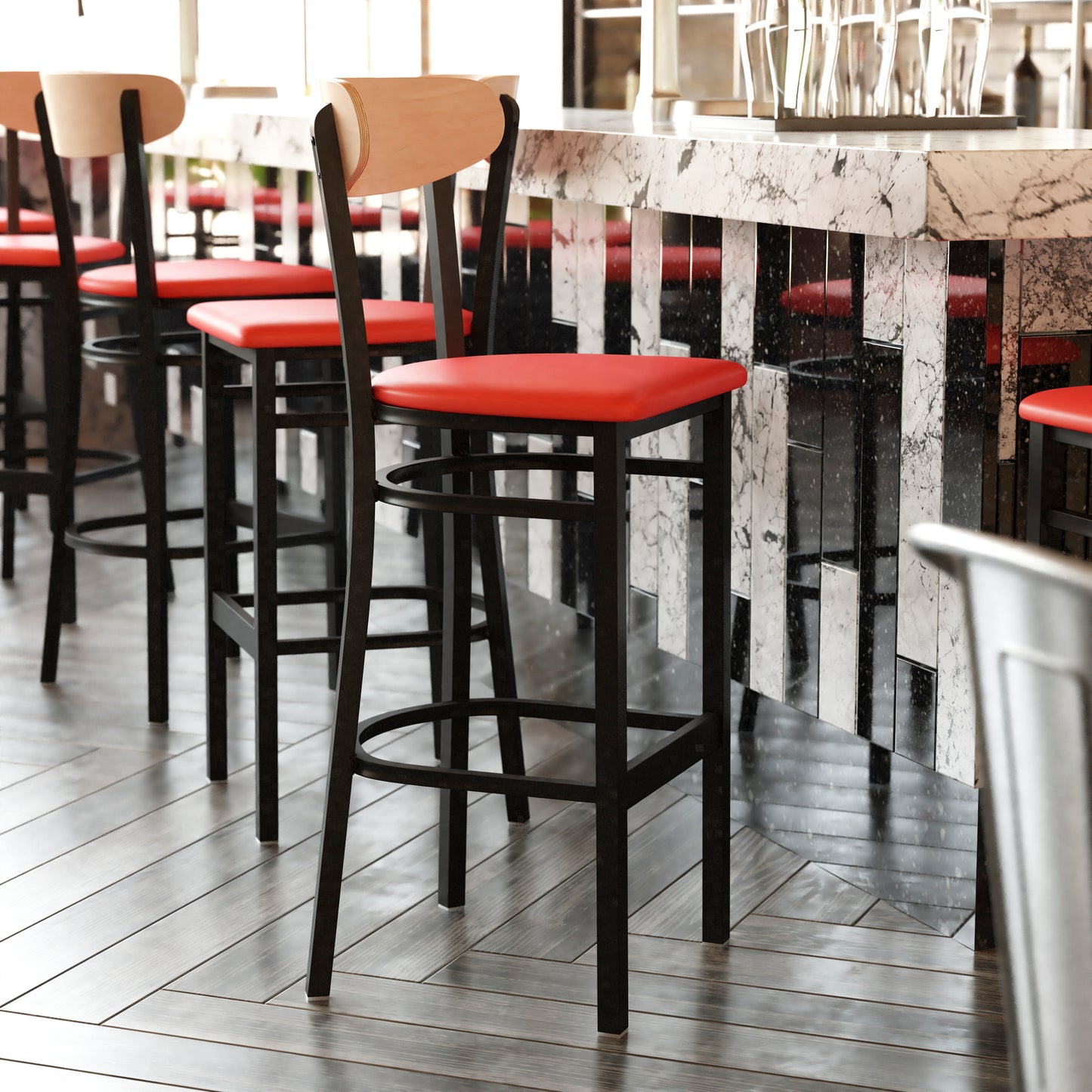 Wright Commercial Barstool with 500 LB. Capacity Black Steel Frame, Natural Birch Finish Wooden Boomerang Back, and Red Vinyl Seat Natural Birch Wood Back/Red Vinyl Seat