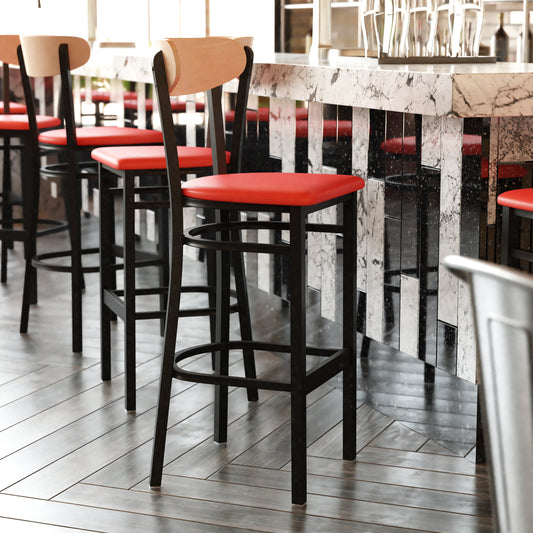 Wright Commercial Barstool with 500 LB. Capacity Black Steel Frame, Natural Birch Finish Wooden Boomerang Back, and Red Vinyl Seat Natural Birch Wood Back/Red Vinyl Seat XU-DG6V6RDV-NAT-GG