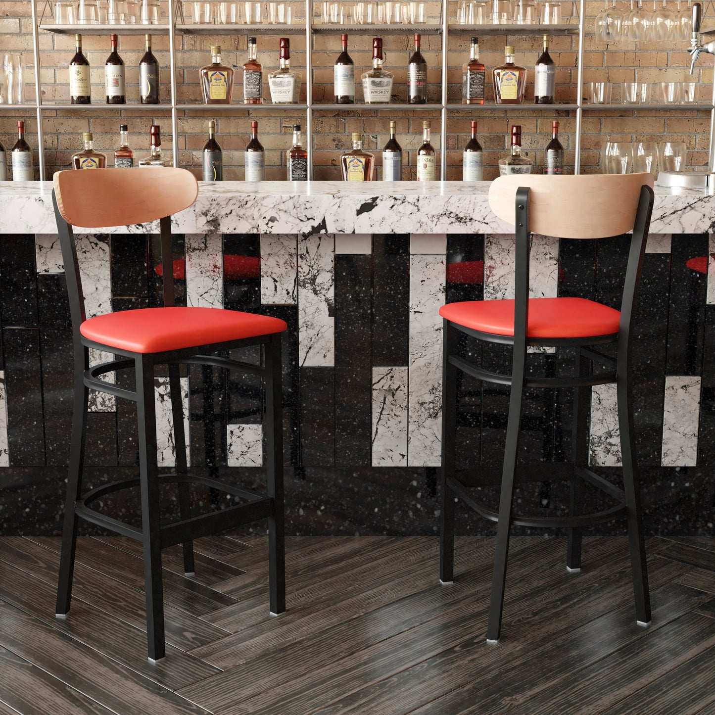 Wright Commercial Barstool with 500 LB. Capacity Black Steel Frame, Natural Birch Finish Wooden Boomerang Back, and Red Vinyl Seat Natural Birch Wood Back/Red Vinyl Seat