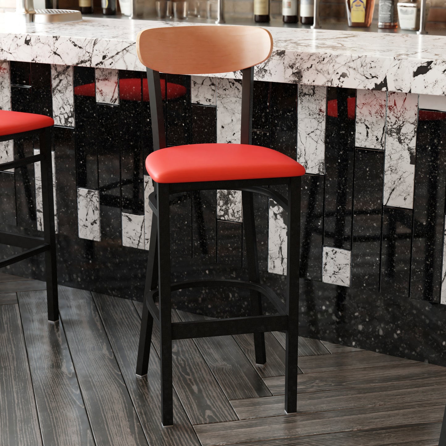 Wright Commercial Barstool with 500 LB. Capacity Black Steel Frame, Natural Birch Finish Wooden Boomerang Back, and Red Vinyl Seat Natural Birch Wood Back/Red Vinyl Seat