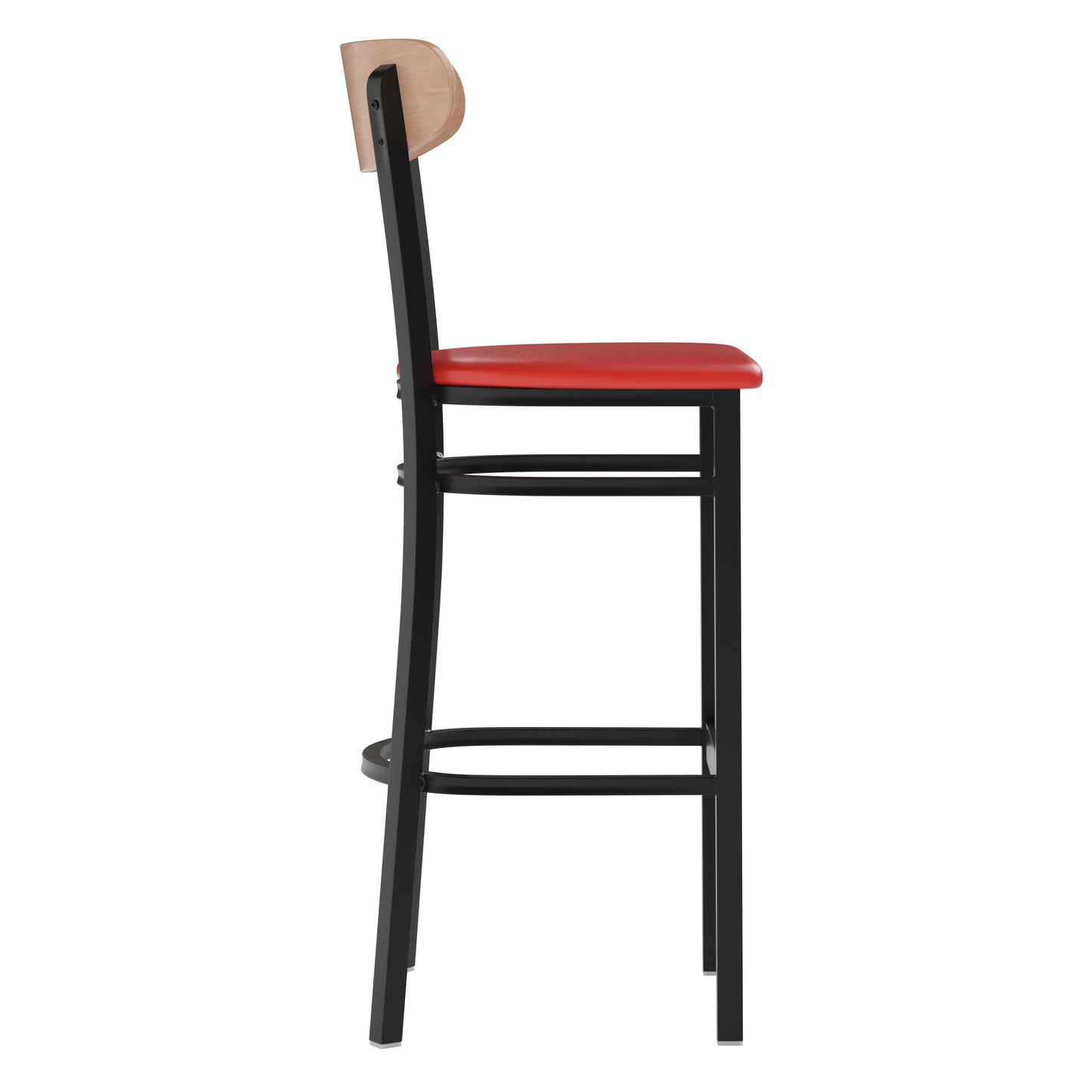 Wright Commercial Barstool with 500 LB. Capacity Black Steel Frame, Natural Birch Finish Wooden Boomerang Back, and Red Vinyl Seat Natural Birch Wood Back/Red Vinyl Seat