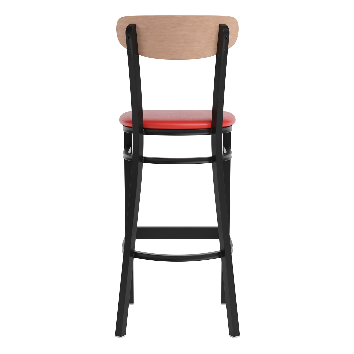 Wright Commercial Barstool with 500 LB. Capacity Black Steel Frame, Natural Birch Finish Wooden Boomerang Back, and Red Vinyl Seat Natural Birch Wood Back/Red Vinyl Seat