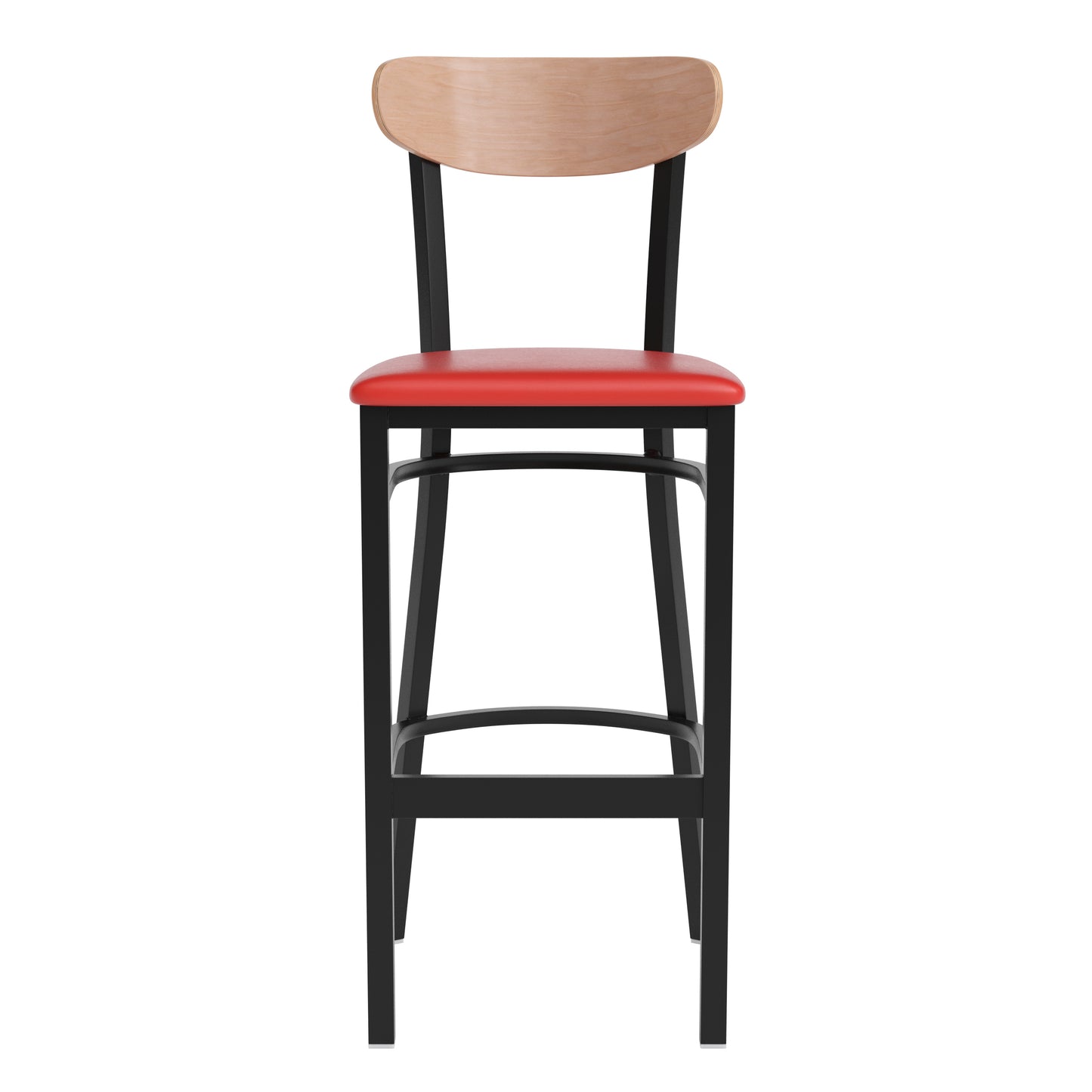Wright Commercial Barstool with 500 LB. Capacity Black Steel Frame, Natural Birch Finish Wooden Boomerang Back, and Red Vinyl Seat Natural Birch Wood Back/Red Vinyl Seat