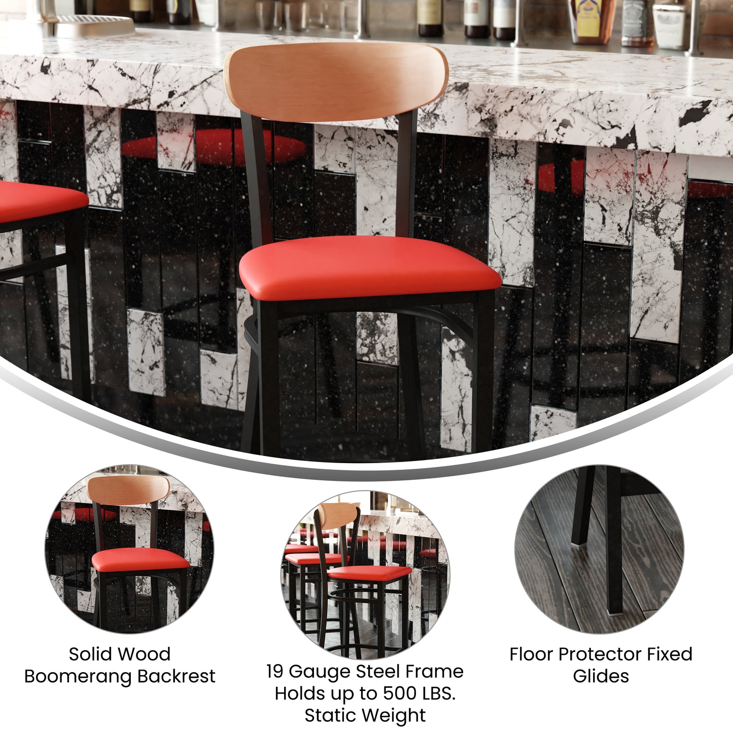 Wright Commercial Barstool with 500 LB. Capacity Black Steel Frame, Natural Birch Finish Wooden Boomerang Back, and Red Vinyl Seat Natural Birch Wood Back/Red Vinyl Seat