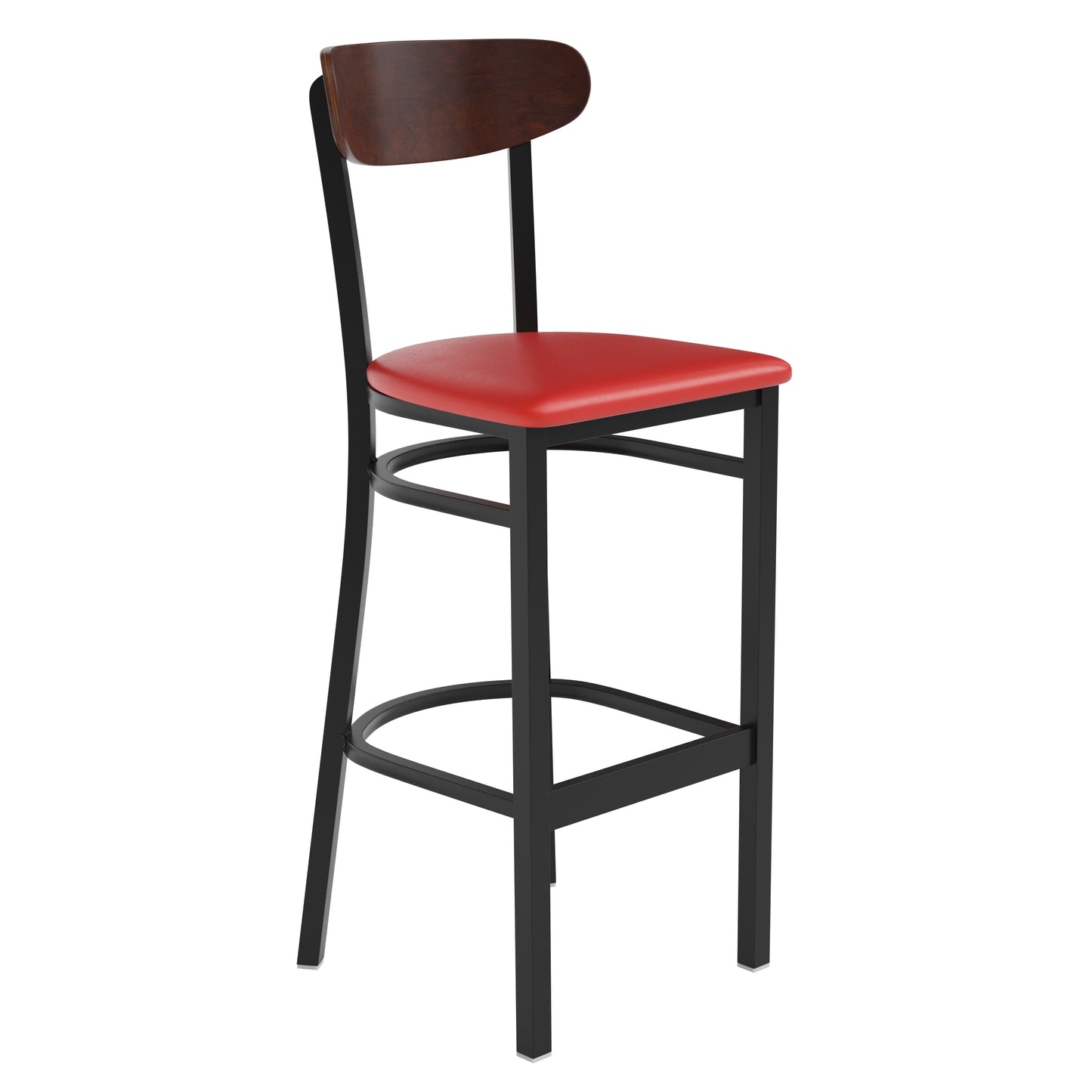 Wright Commercial Barstool with 500 LB. Capacity Black Steel Frame, Walnut Finish Wooden Boomerang Back, and Red Vinyl Seat Walnut Wood Back/Red Vinyl Seat