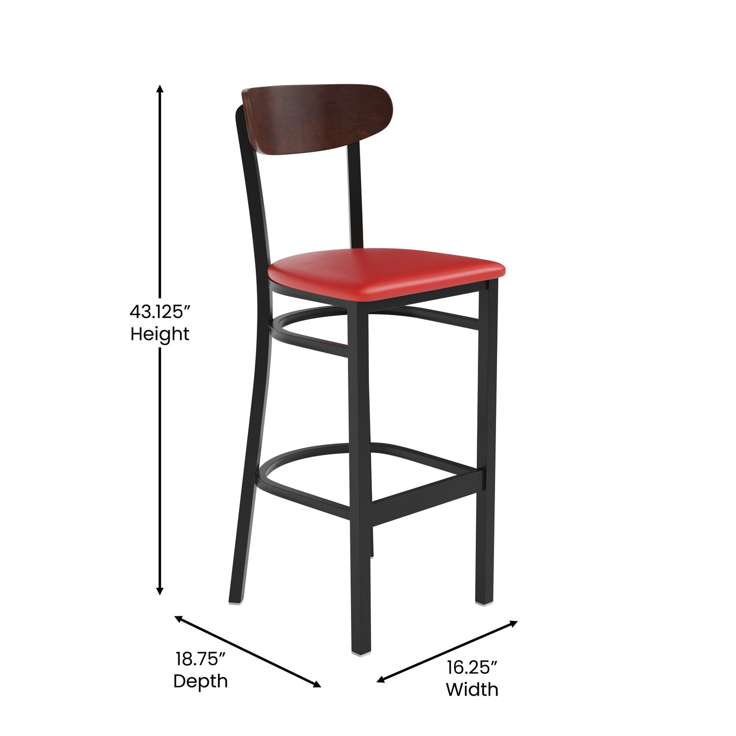 Wright Commercial Barstool with 500 LB. Capacity Black Steel Frame, Walnut Finish Wooden Boomerang Back, and Red Vinyl Seat Walnut Wood Back/Red Vinyl Seat
