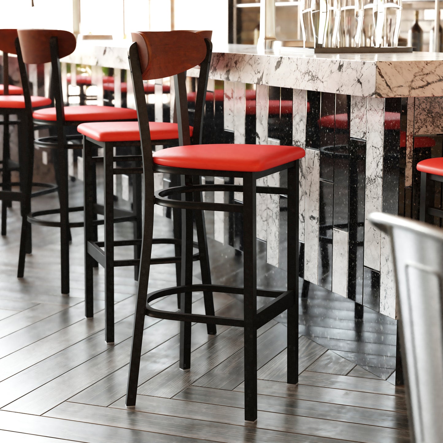 Wright Commercial Barstool with 500 LB. Capacity Black Steel Frame, Walnut Finish Wooden Boomerang Back, and Red Vinyl Seat Walnut Wood Back/Red Vinyl Seat