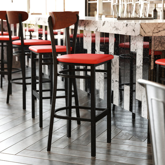 Wright Commercial Barstool with 500 LB. Capacity Black Steel Frame, Walnut Finish Wooden Boomerang Back, and Red Vinyl Seat Walnut Wood Back/Red Vinyl Seat XU-DG6V6RDV-WAL-GG