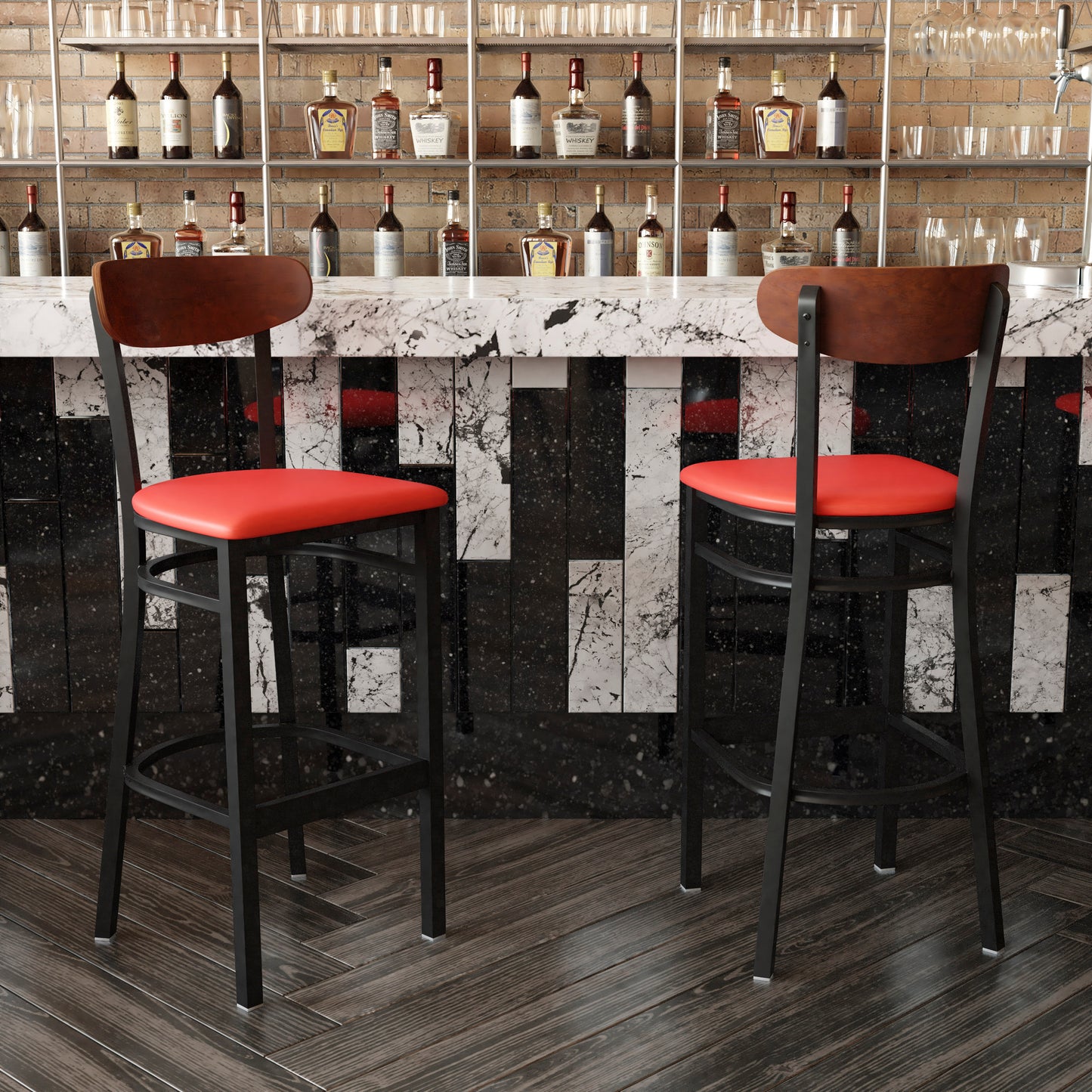 Wright Commercial Barstool with 500 LB. Capacity Black Steel Frame, Walnut Finish Wooden Boomerang Back, and Red Vinyl Seat Walnut Wood Back/Red Vinyl Seat