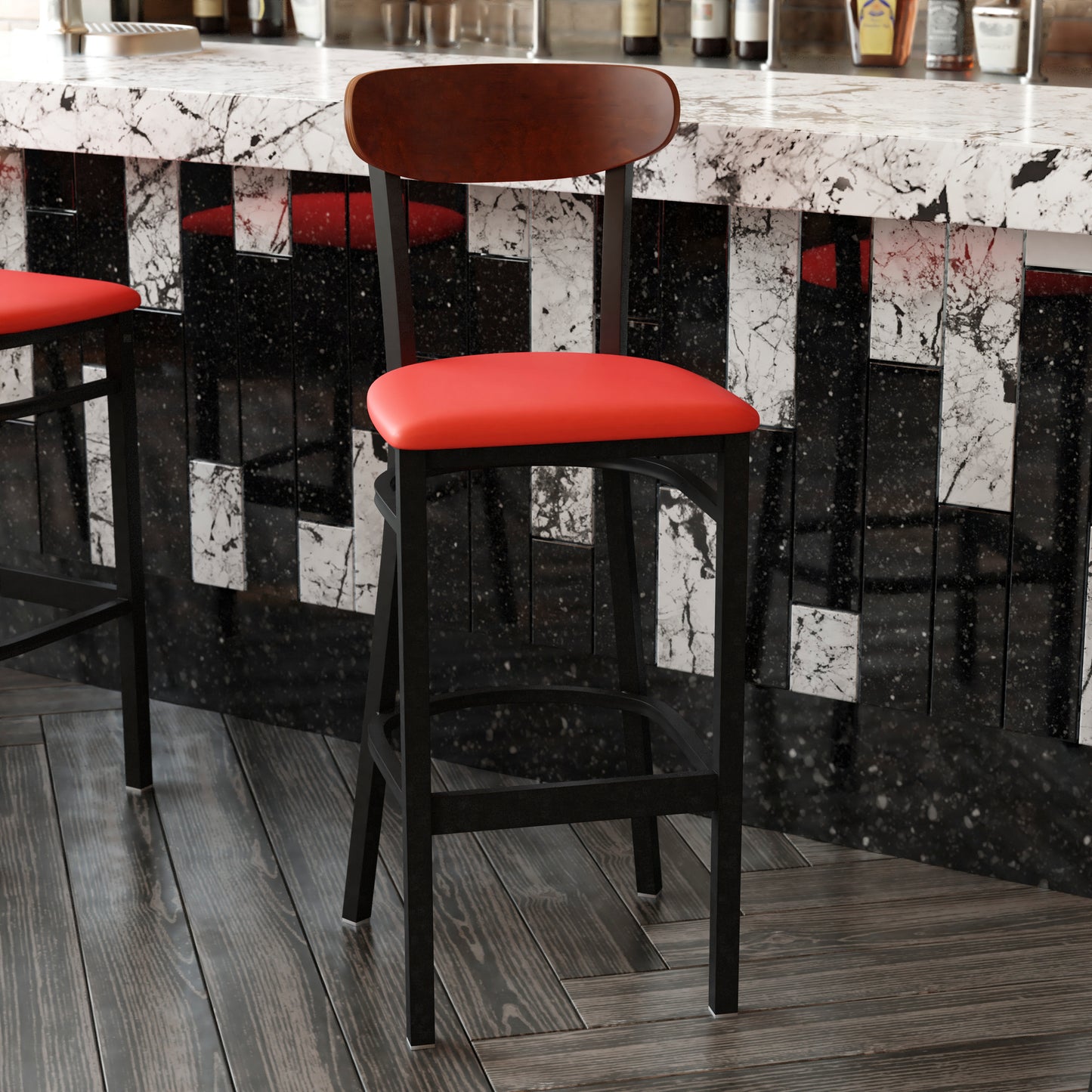 Wright Commercial Barstool with 500 LB. Capacity Black Steel Frame, Walnut Finish Wooden Boomerang Back, and Red Vinyl Seat Walnut Wood Back/Red Vinyl Seat